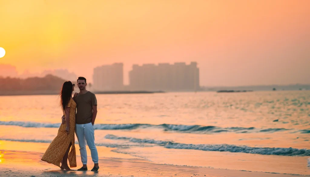 Couple enjoying sunset view at Love Lake Dubai romantic lakeside spot
