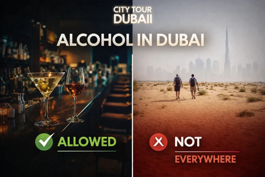 Split image showing luxury bar vs public space explaining where alcohol is allowed in Dubai