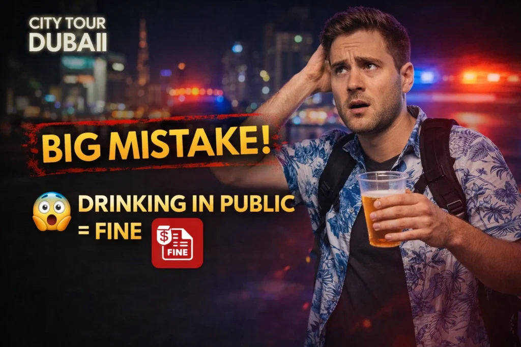 Confused tourist holding drink in Dubai street showing public drinking fines and rules