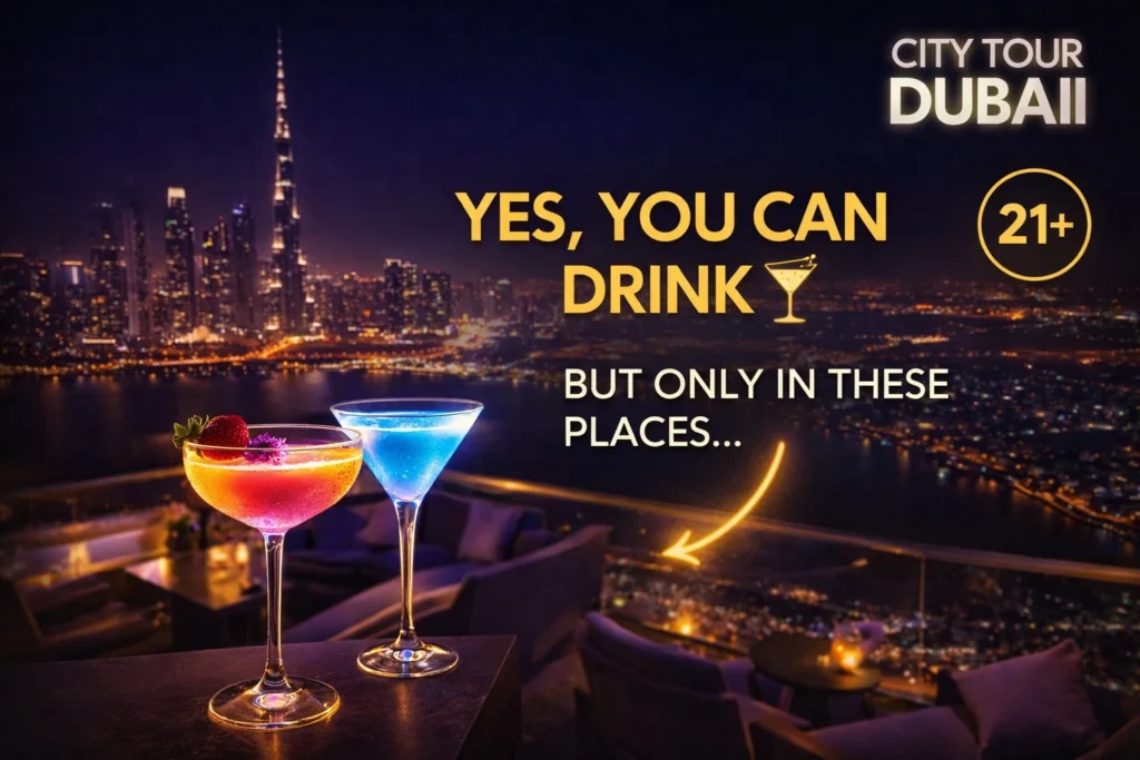 Dubai rooftop bar with cocktails showing legal places to drink alcohol in luxury settings