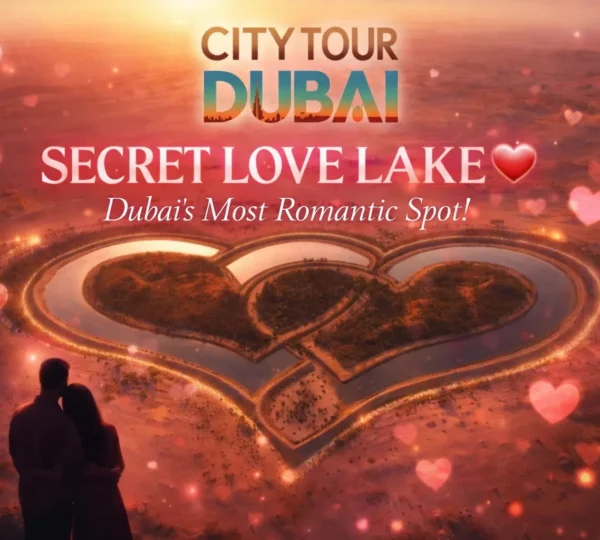 Romantic aerial view of Love Lake Dubai heart-shaped lake at sunset with couple silhouette