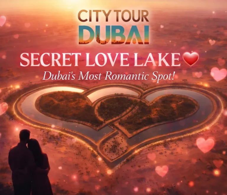 Romantic aerial view of Love Lake Dubai heart-shaped lake at sunset with couple silhouette