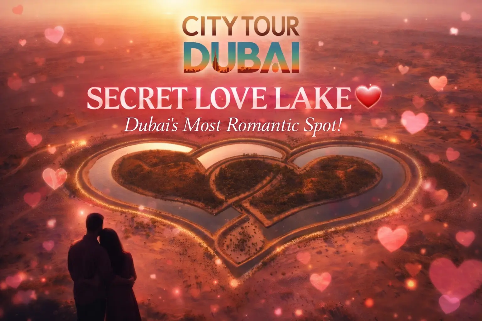 Romantic aerial view of Love Lake Dubai heart-shaped lake at sunset with couple silhouette