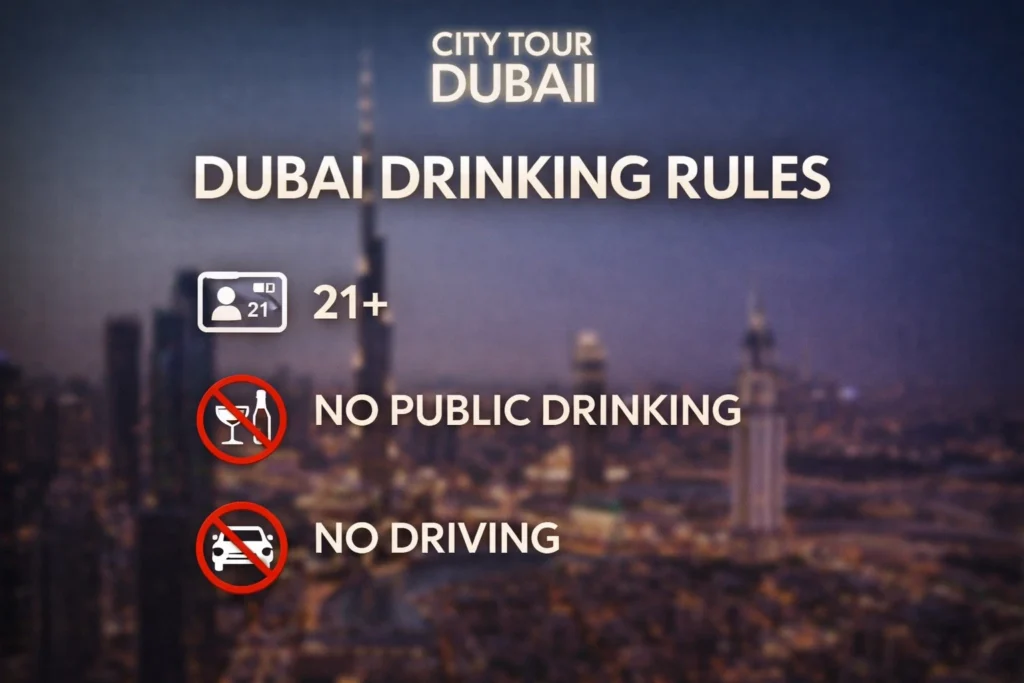Infographic style Dubai skyline showing key drinking rules like 21 plus no public drinking