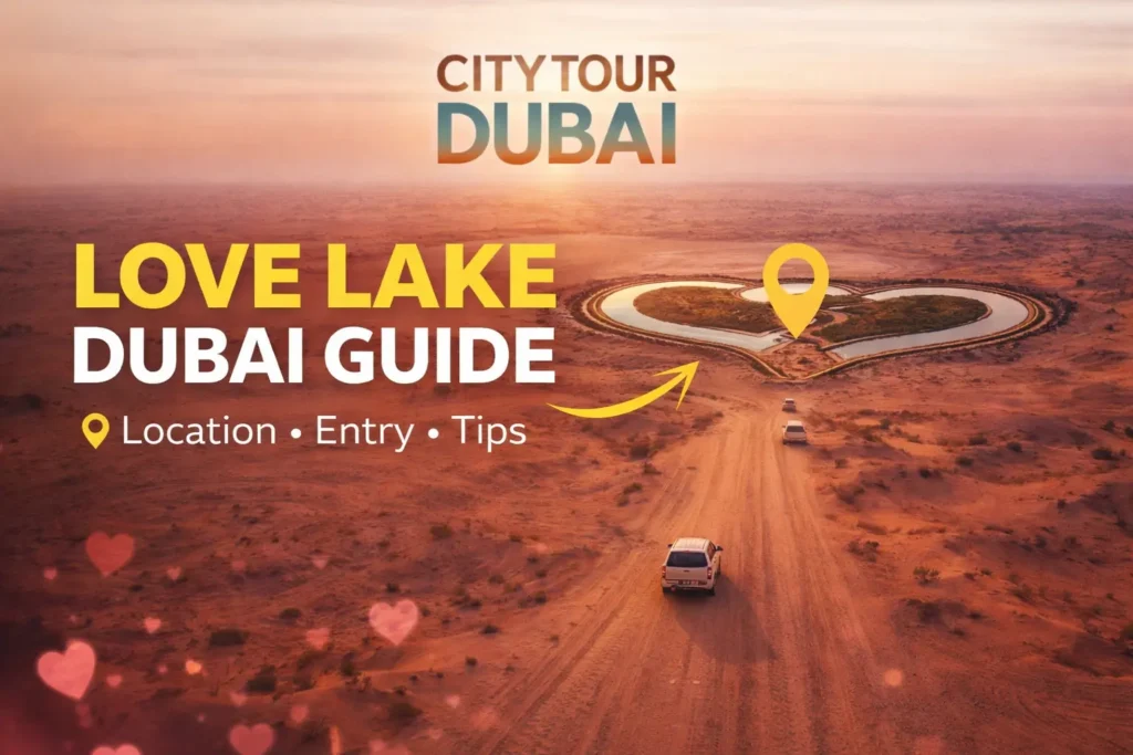 Love Lake Dubai guide thumbnail with desert road leading to heart-shaped lake