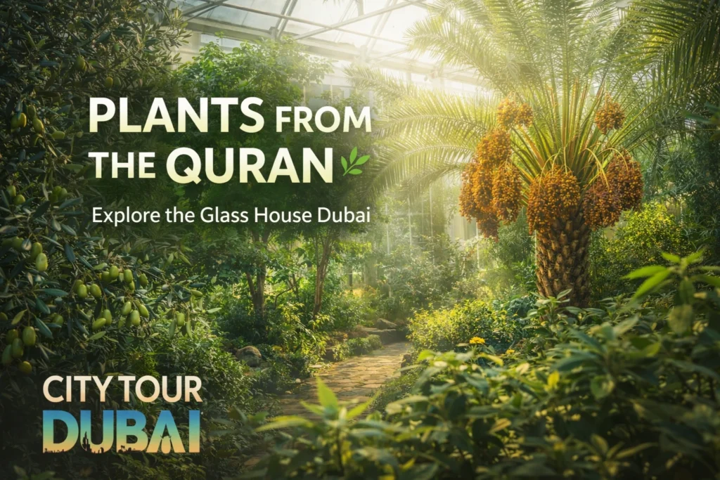 Glass House exterior Dubai, greenhouse building UAE, modern architecture Dubai, Quranic Park attraction, Dubai eco structure, garden facility UAE