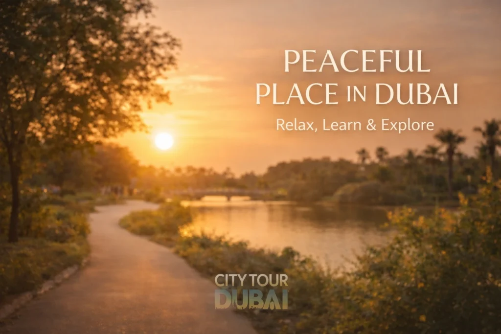peaceful place Dubai, lake view Dubai, walking path Dubai, sunset scenery UAE, calm environment Dubai, relaxation spot UAE, nature walk Dubai