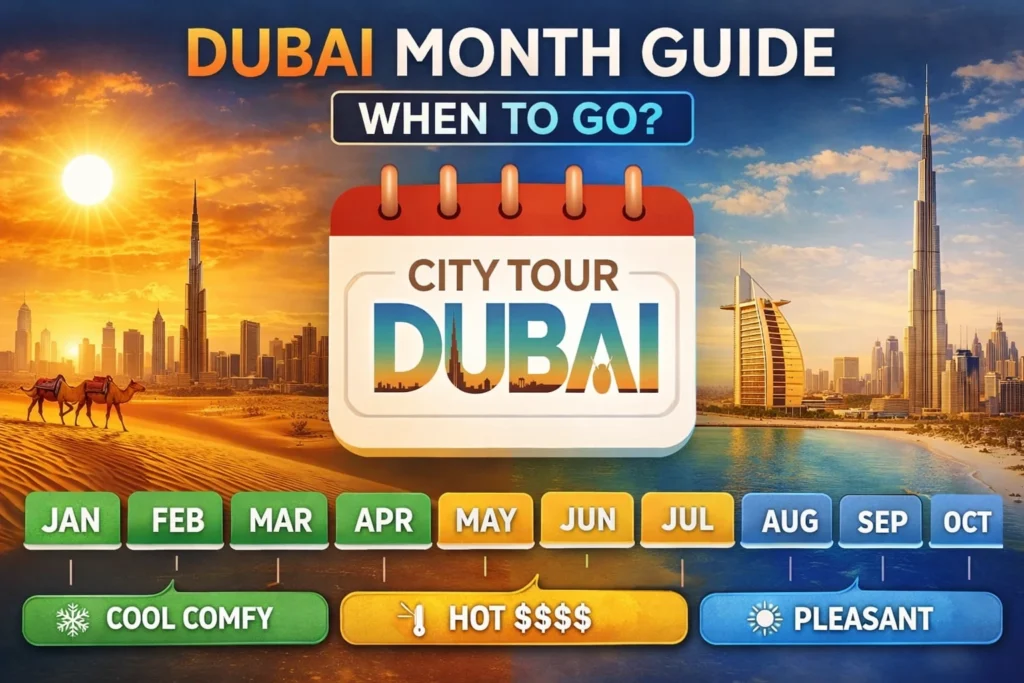Dubai travel calendar guide with skyline and desert safari showing best months to visit Dubai throughout the year