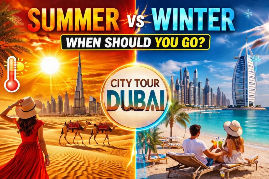 Split image showing Dubai desert heat in summer versus cool beach weather in winter comparing travel seasons